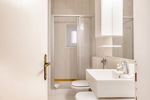 Shower, hair dryer, bidet, towels