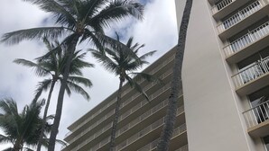 Un edificio de varios pisos con balcones y palmeras.