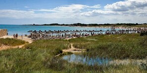 A beach with umbrellas and lounge chairs, a pool, and a view of the sea. - Typical house, 30 m city centre, patio, 5 guests, dishwasher ,beaches 8 km. (San Vito Dei Normanni)