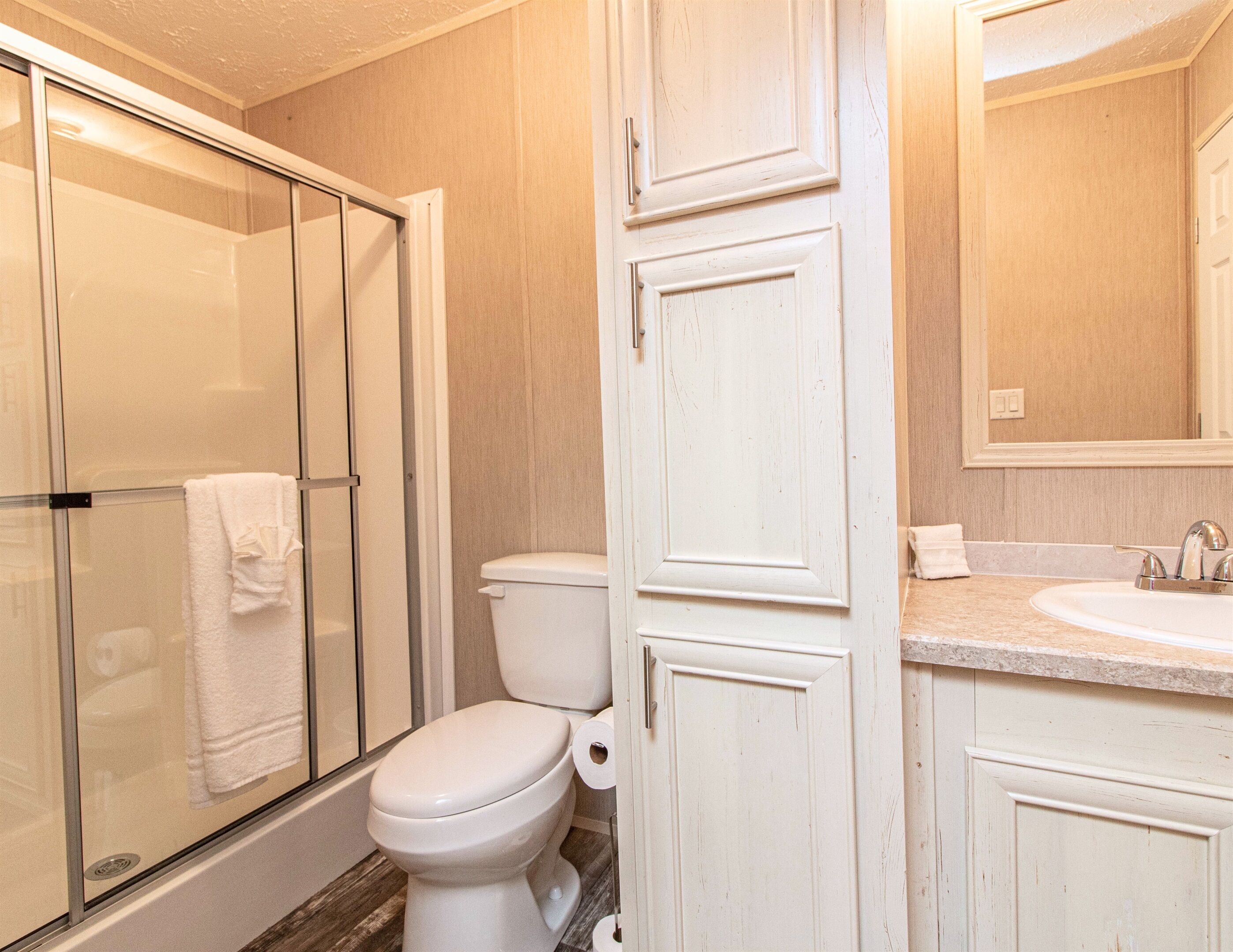 Bañera con ducha, secador de pelo, toallas