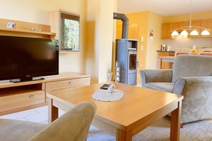 Télévision, cheminée, table de tennis de table