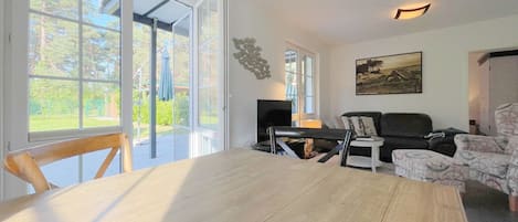 Télévision, cheminée, lecteur de DVD, table de tennis de table