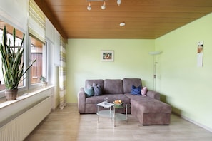 A living room with a sofa, a glass coffee table, a potted plant, and a radiator.