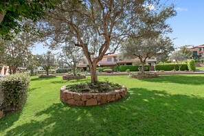 A well-maintained garden with a central tree, surrounded by stone borders, and a neatly trimmed lawn.