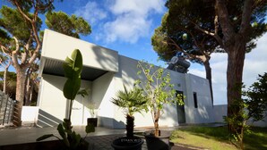 A modern building with a flat roof, surrounded by trees and potted plants. - Villa del Fresno with pool and parking (Chiclana)