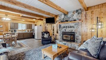 TV, fireplace, video library