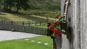 A rustic building with a wooden fence, a gravel path, and a grassy area.