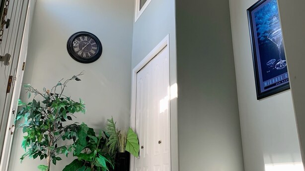 A hallway with a chandelier, a clock, and potted plants. - Cozy Basement Suite close to Downtown (Edmonton)