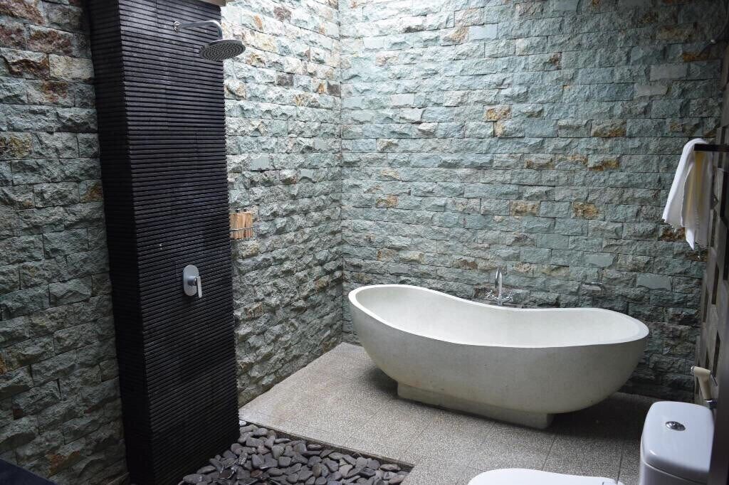 Une salle de bain aux murs en pierre, dotée d’une baignoire sur pieds et d’une douche moderne.