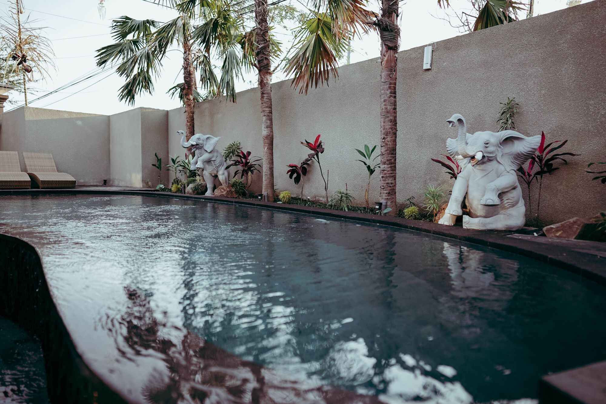 Une piscine ornée de deux statues d’éléphants et de palmiers.