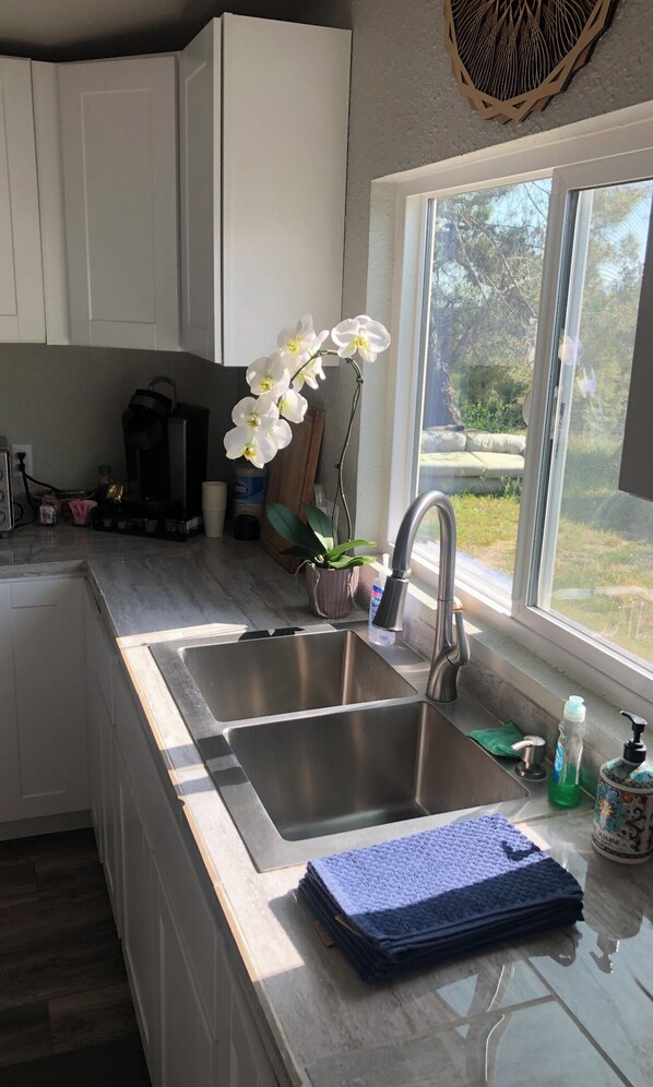 Una cocina con dos lavamanos de acero inoxidable, un ventanal con vista a follaje, y una orquídea en maceta.