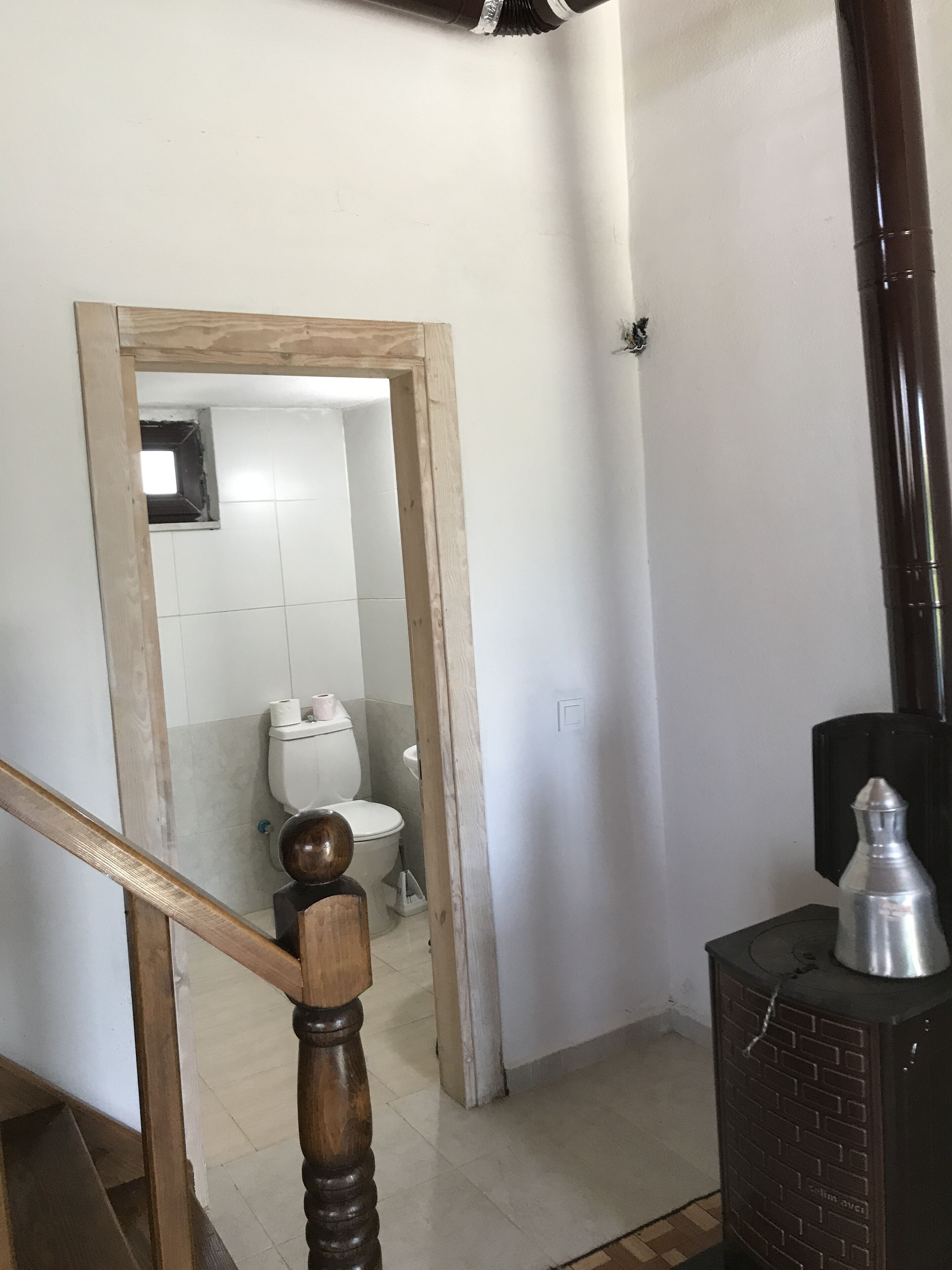 Ein Badezimmer mit Toilette, Dusche und einem spiegel mit Holzrahmen.