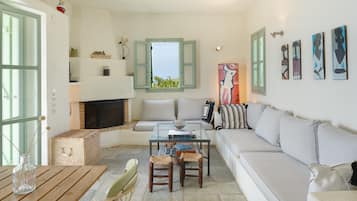 Télévision, cheminée, chaîne hi-fi