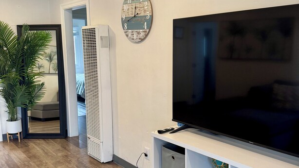 Un soggiorno moderno con una TV a schermo piatto su un mobile bianco, una sveglia decorativa e una pianta in vaso.