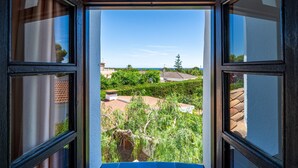 Vista a través de una ventana con cielo despejado y follaje verde.
