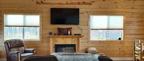 Una Smart TV, una chimenea, un reproductor de DVD