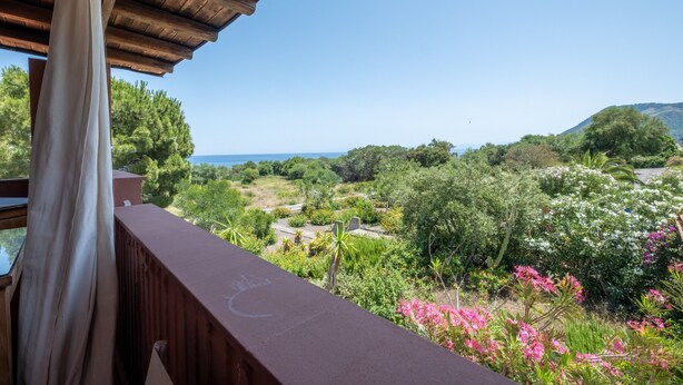 Un balcón con vistas a un jardín exuberante y colinas distantes.