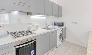 A modern kitchen with a gas stove, microwave, sink, and washing machine.
