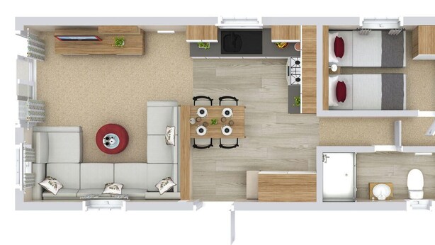 Een plattegrond van een hotelkamer met een zithoek, een eettafel, een afzonderlijke slaapkamer, een badkamer en een keuken.