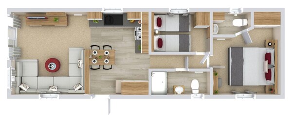 A 2-bedroom apartment with a living room, dining area, kitchen, and separate bedrooms.