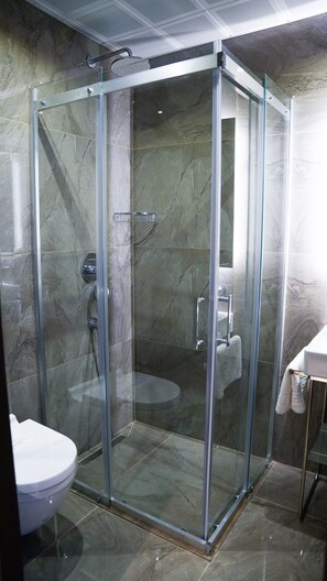 Shower, rainfall showerhead, hair dryer, slippers