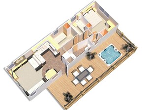 A 3D floor plan of a hotel with two bedrooms, a bathroom, a kitchen, a dining area, and a pool.