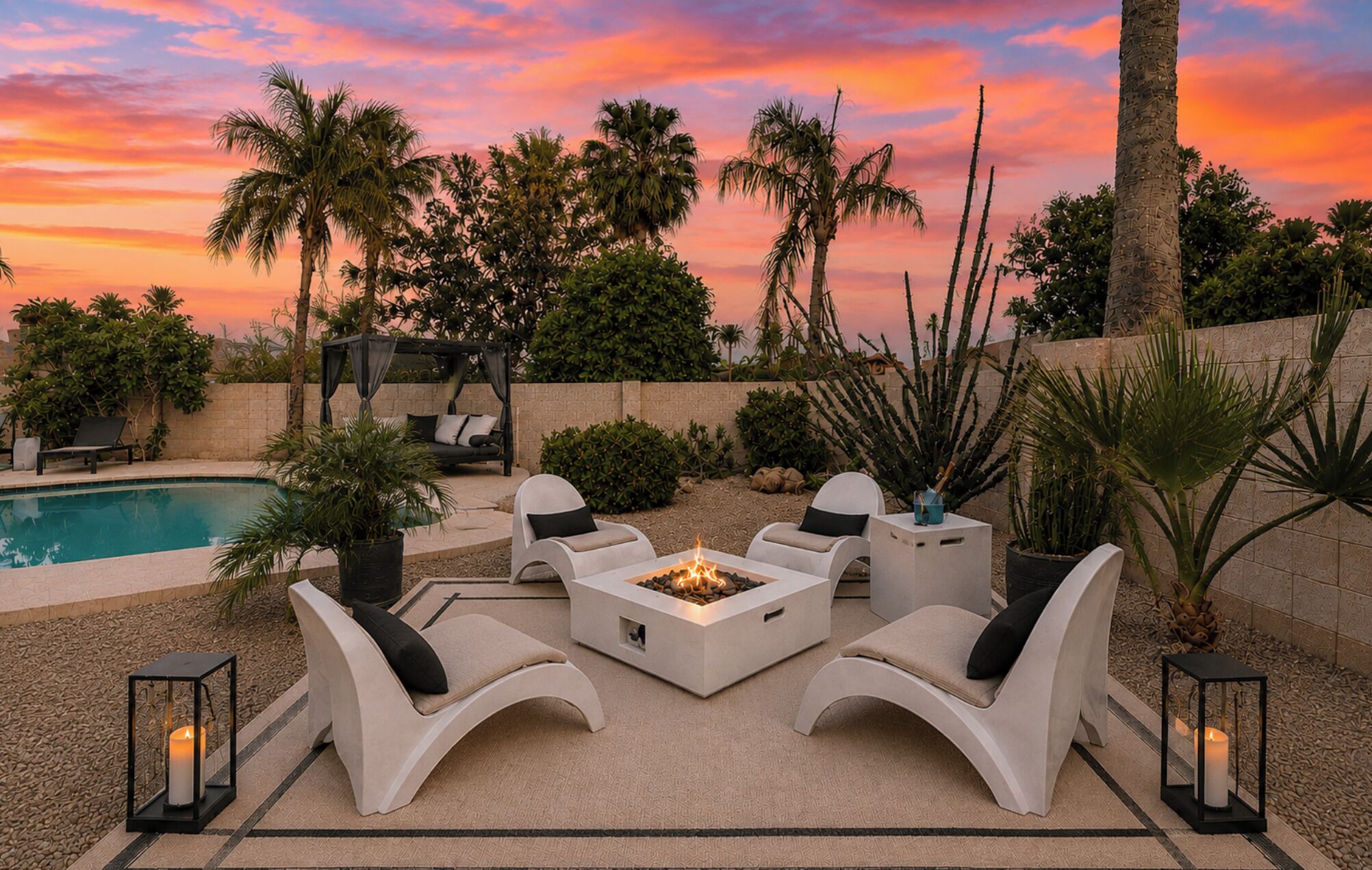 A heated pool, pool loungers
