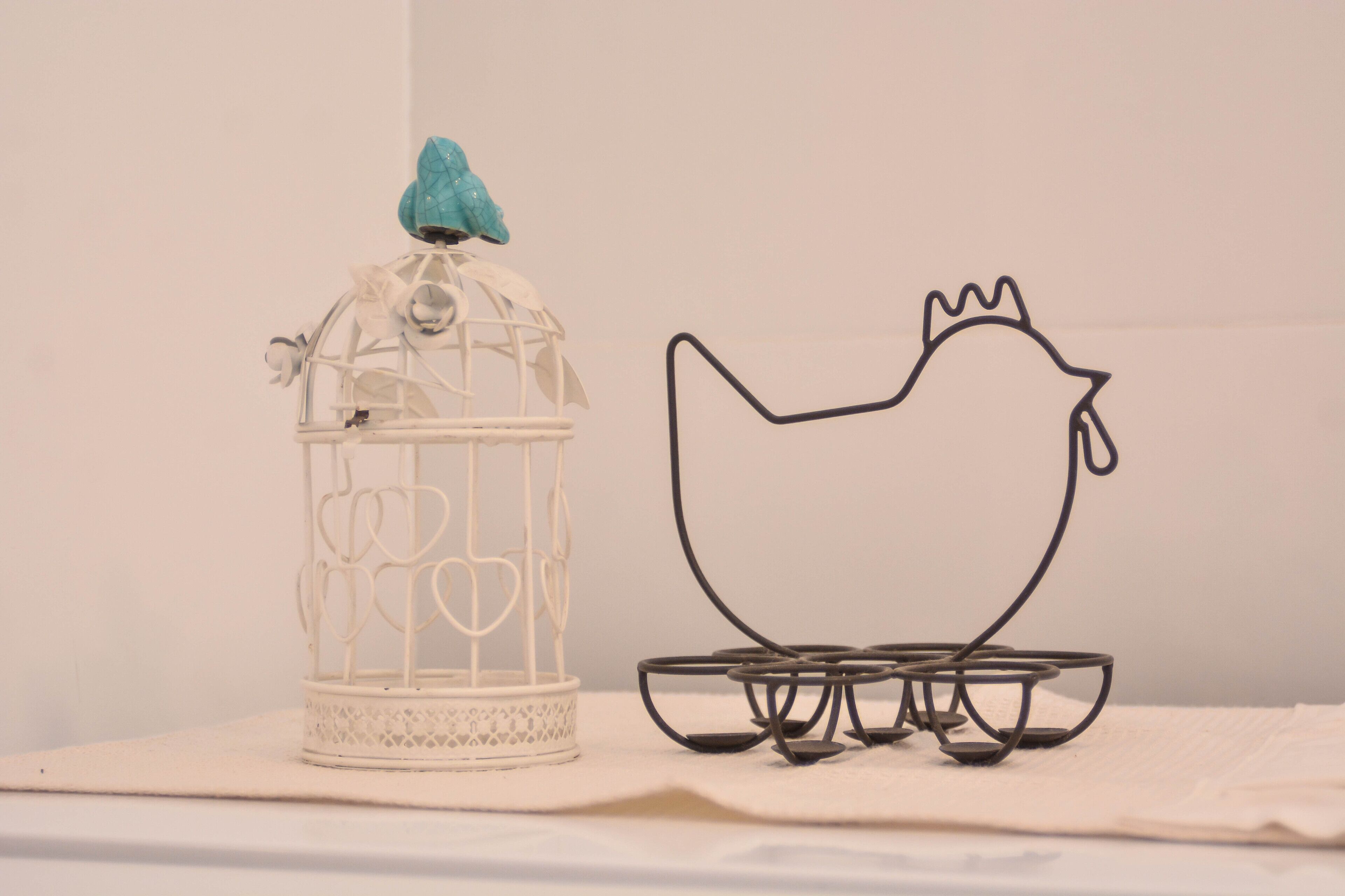 A white birdcage with a blue bird and a wire outline of a chicken on a white surface.