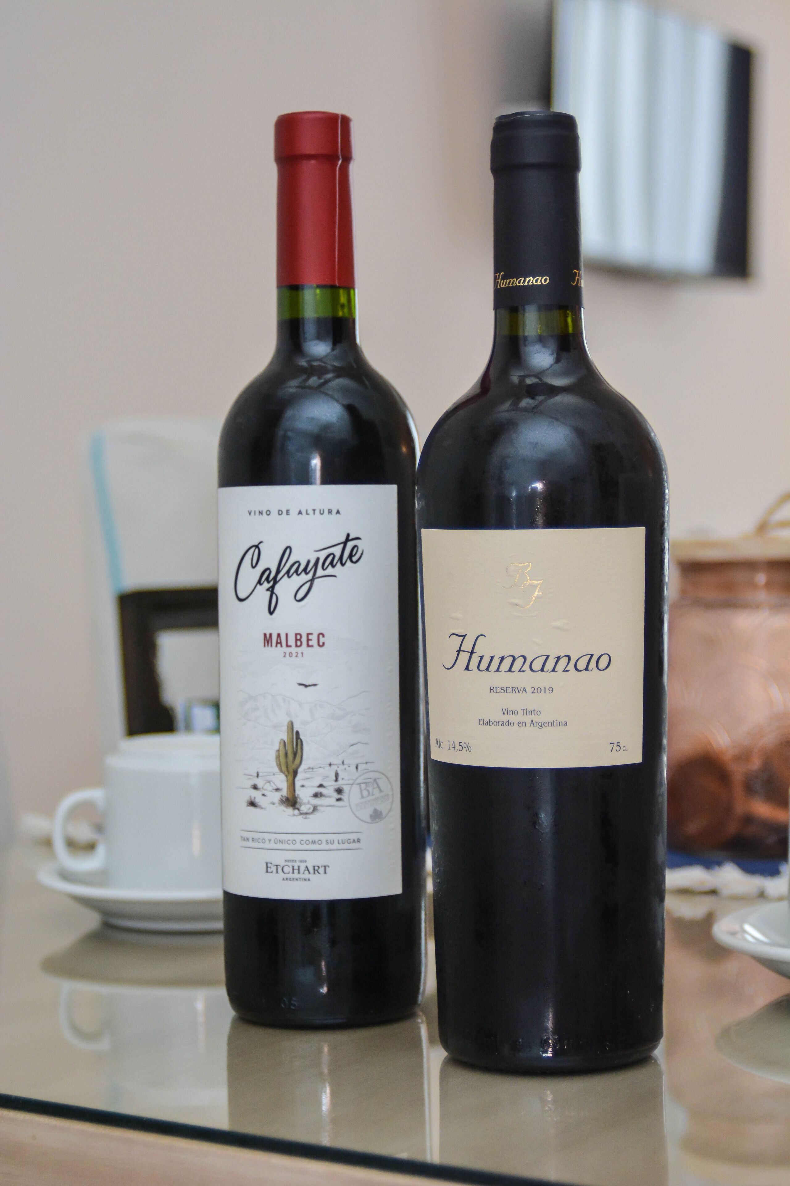 Deux bouteilles de vin, l’une portant l’étiquette « Cafayate Malbec 2021 » et l’autre « Humanao Reserva 2019 », sont posées sur une table en verre.