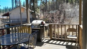 Eine überdachte Terrasse im Freien mit Grill, Tisch und Stühlen und Blick auf bewaldetes Gelände.