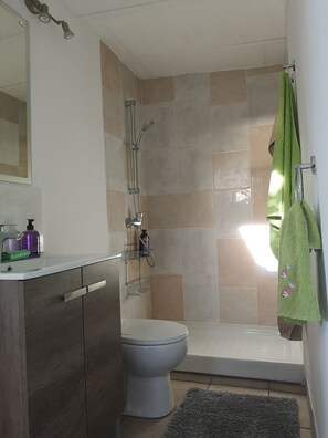 Een douche, een haardroger, handdoeken, zeep