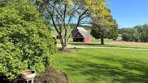A red barn with a sloped roof, surrounded by lush green grass and trees. - Barn Owl Hill - Historic Farmhouse Vineyard Views (Rickreall)