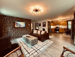 Smart TV, fireplace, books, stereo