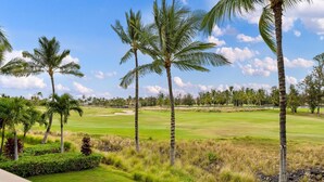 Ein Golfplatz mit Palmen und blauem Himmel.