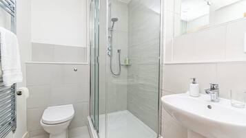 A modern bathroom with a glass-enclosed shower, a white toilet, and a sink with a mirror.