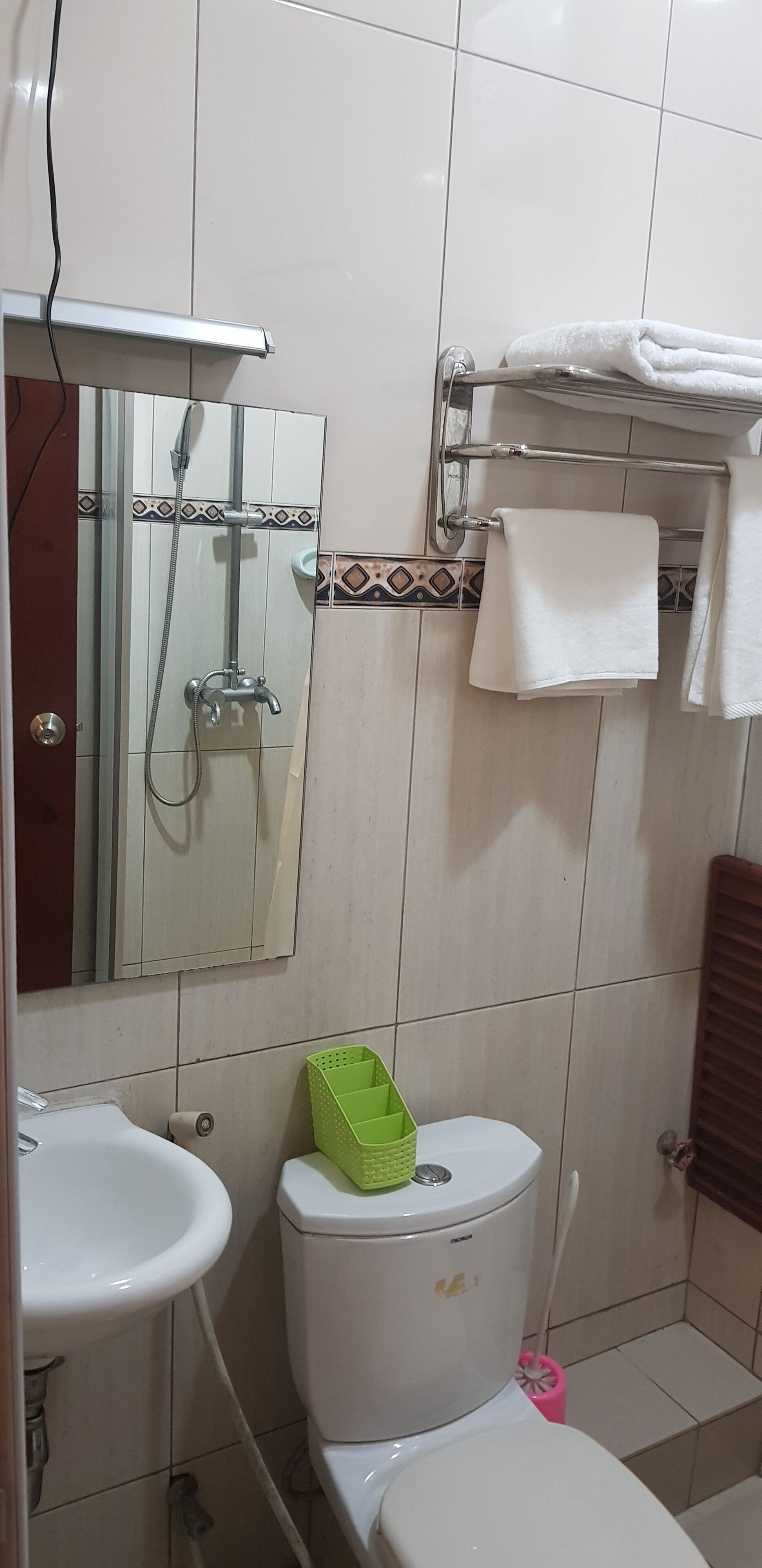 Un baño con ducha, inodoro, lavamanos y toallero.