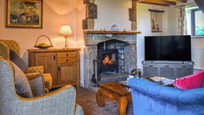 Una sala acogedora con chimenea de piedra, muebles de madera y un televisor.