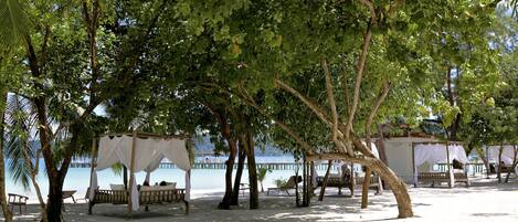 A beach with white canopies and wooden furniture under trees, overlooking a calm sea.