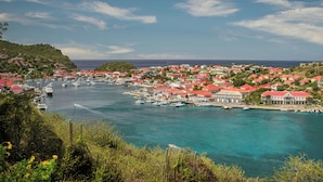A coastal town with red-roofed buildings, a marina with boats, and lush greenery.