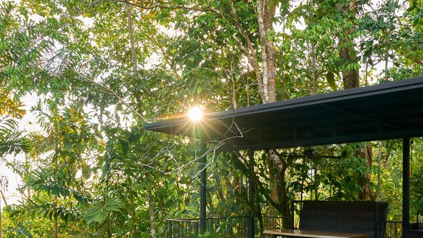 A poolside area with lounge chairs, a wooden deck, and a covered seating area surrounded by lush greenery. - Casa Alba (Savegre)