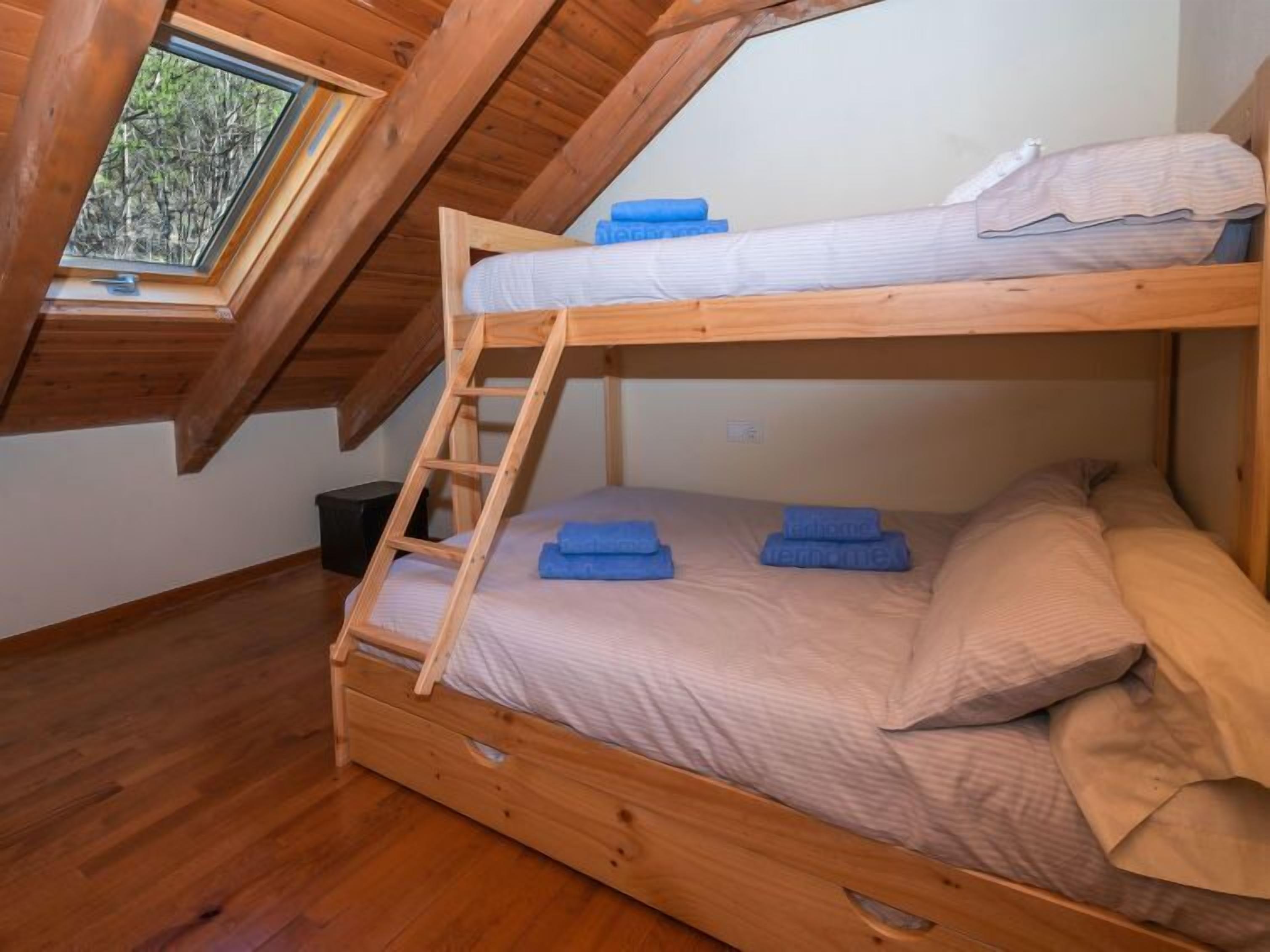 Une chambre avec un lit superposé, une lucarne, un plancher en bois et une échelle.