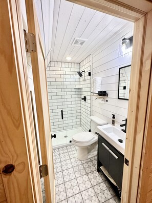 Shower, hair dryer, towels, toilet paper