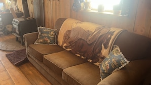 Een gezellige woonkamer met een bruine bank, twee kussens met een patroon, een deken met paardenprint, en een houten vloer.