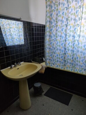 Ein Badezimmer mit einem gelben Waschbecken, schwarzen Fliesenwänden und einem Duschvorhang mit Kaktusmuster.