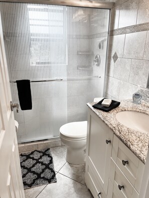 Un baño con inodoro, ducha con puerta de vidrio, lavamanos con encimera de granito y alfombra de diseño blanco y negro.