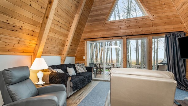 A cozy cabin interior with a wooden ceiling, a sofa, a chair, and a table. - Nature`s Nest Lakeside (Au Gres)