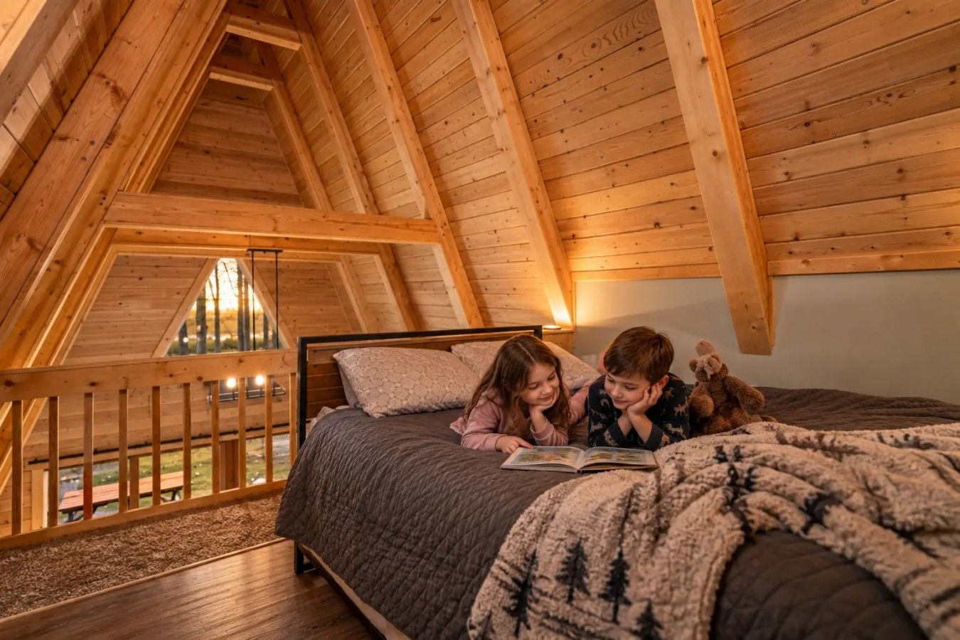 A high-ceilinged wooden room with a bed, a window, and a view of the outdoors.