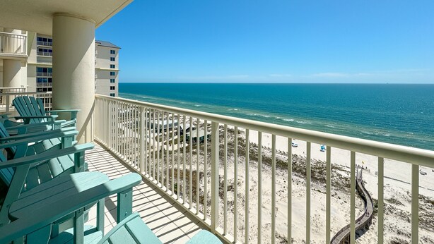 A balcony with a view of the ocean and beach. - Beach Club B1701 | Beachfront | Corner | Resort | Arcade | Pools | Hot Tubs (Gulf Shores)