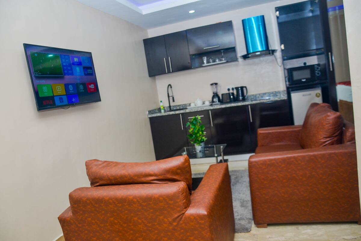 A modern kitchen with dark cabinets, a microwave, and a coffee maker. There is a flat-screen TV mounted on the wall displaying various apps. Two brown leather sofas are positioned in the living area.