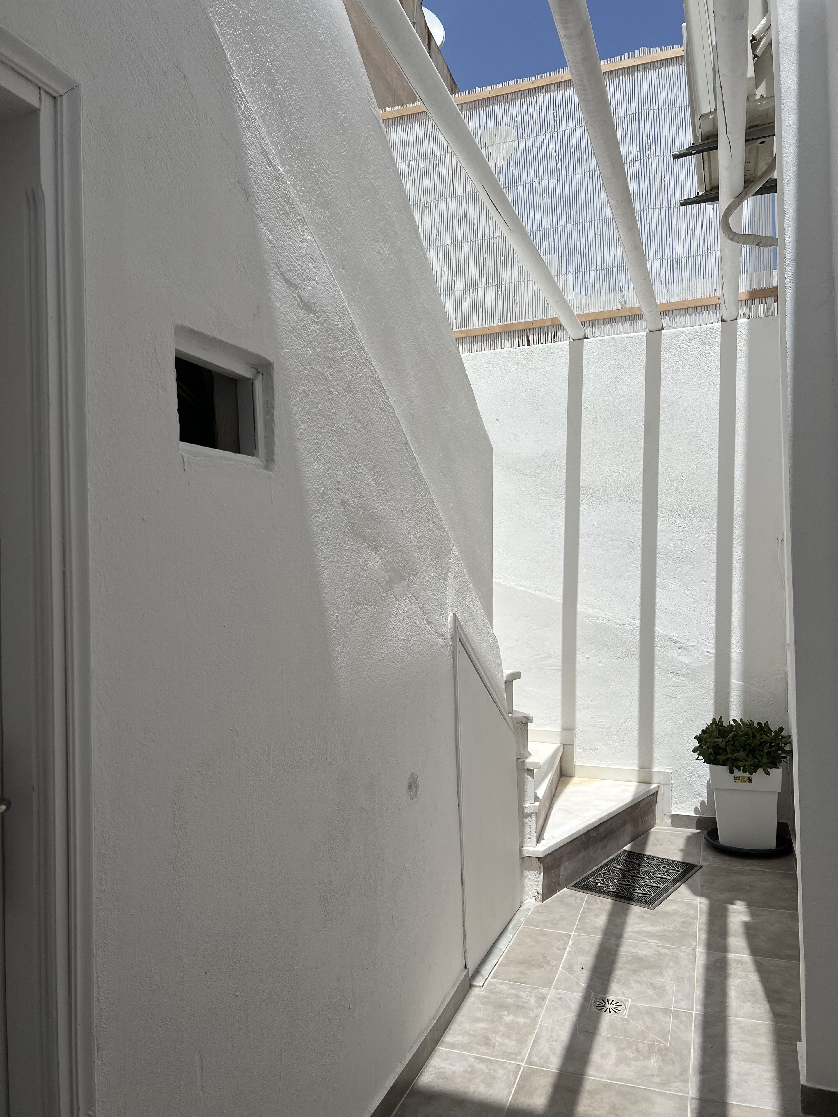 Un pasillo estrecho, con paredes blancas, una ventana pequeña y una planta en maceta.